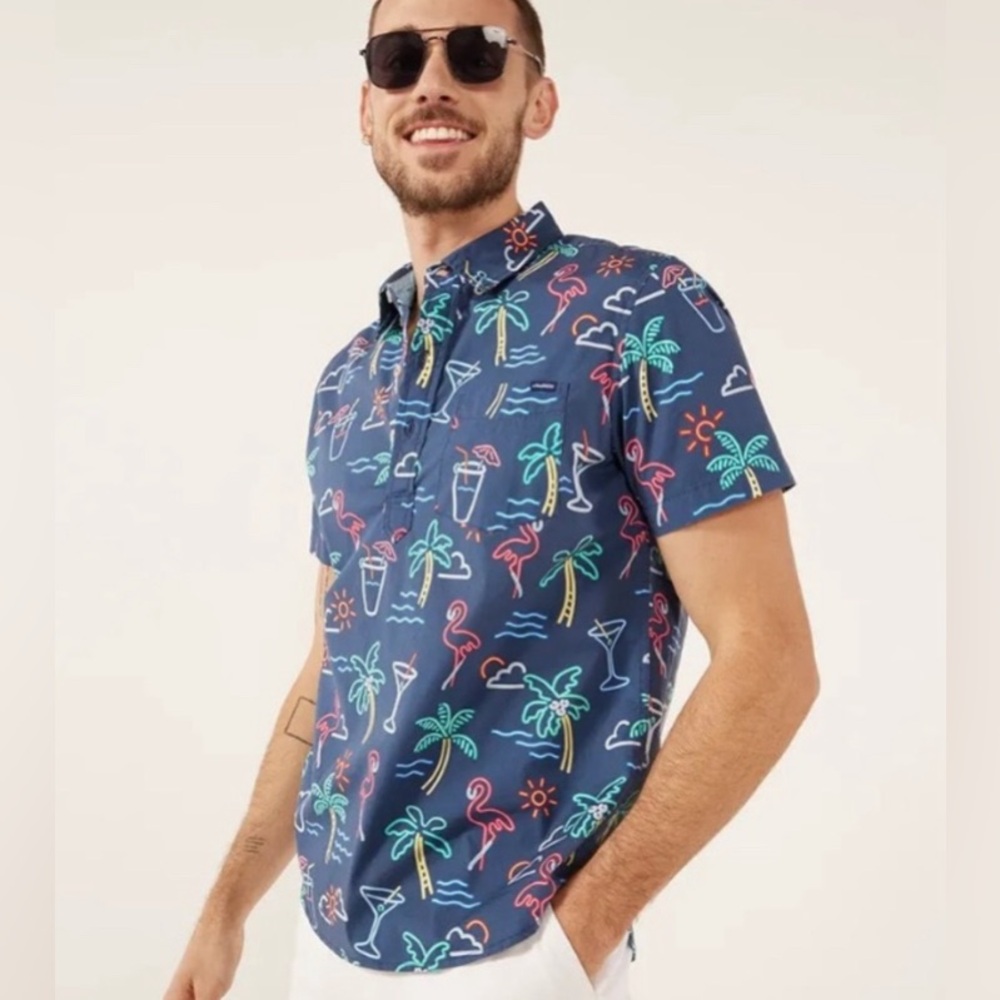 chubbies Navy Short Sleeve Button-Down Shirt with Multicolor Neon Tropical Print